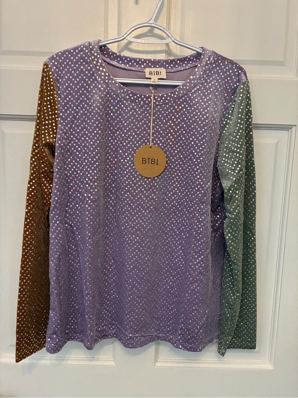 BiBi Lavender Velvet Long Sleeve Top with Brown and Green Contrast Sleeves